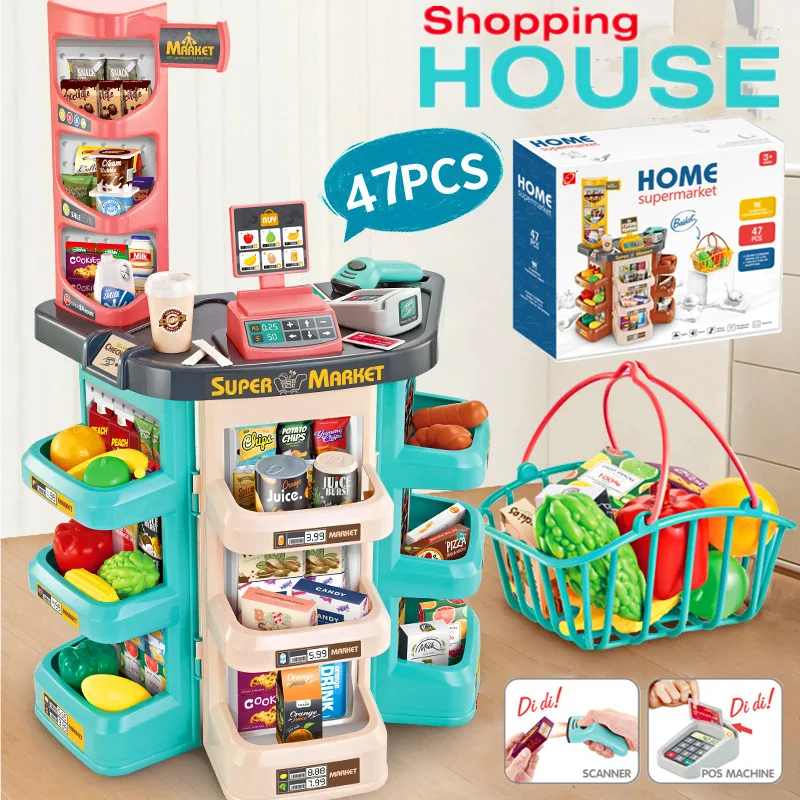 Kids Plastic Pretend Play Toys Set Supermarket Cash Register Toy Shopping Cart