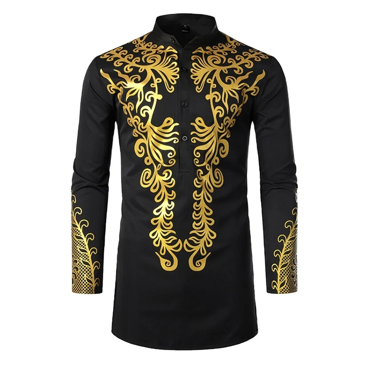 MXCHAN SJH2503 Hot Sale Men Cotton Polyester African Printing Long Sleeve Stand Collar Dashiki Shirt