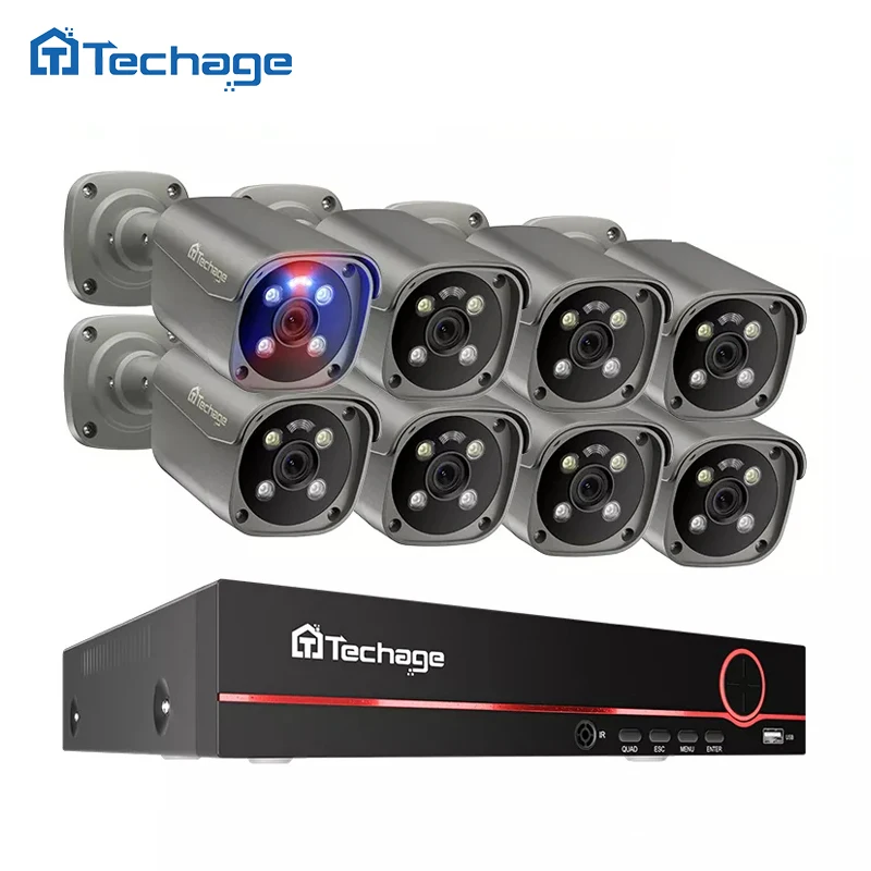 Techage H.265 IP66  High Quality 8CH Security Camera System Nvr Two Way Audio 8MP 4K Surveillance System CCTV
