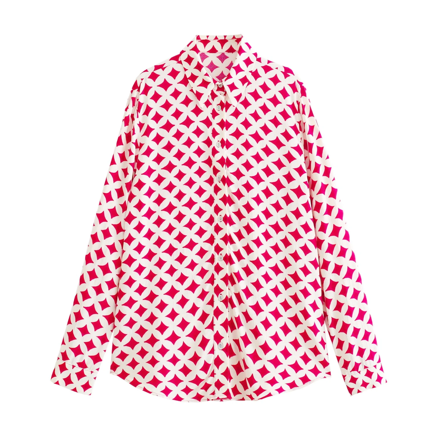Red white color print long sleeve turn down collar buttons up casual fashion tops blouse for women