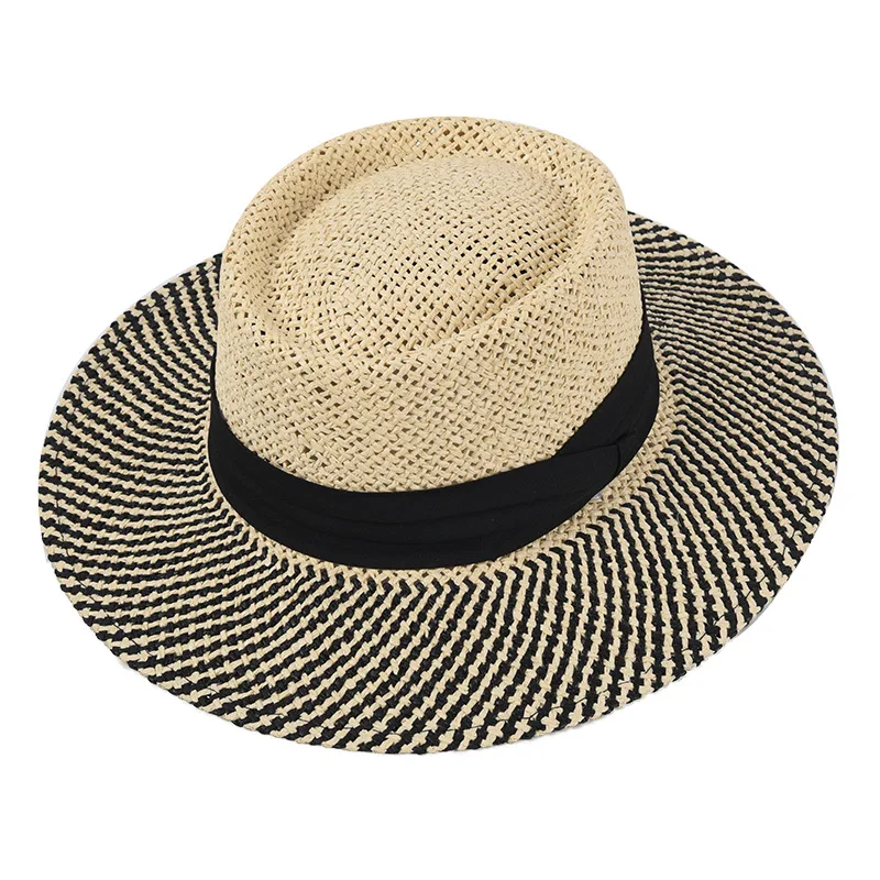 C107337  Panama Hat Men PorkPie Sun Hat Summer Straw Wide Brim Fedora Male Hand Knitting Black Patchwork Casual Beach Tribby Hat