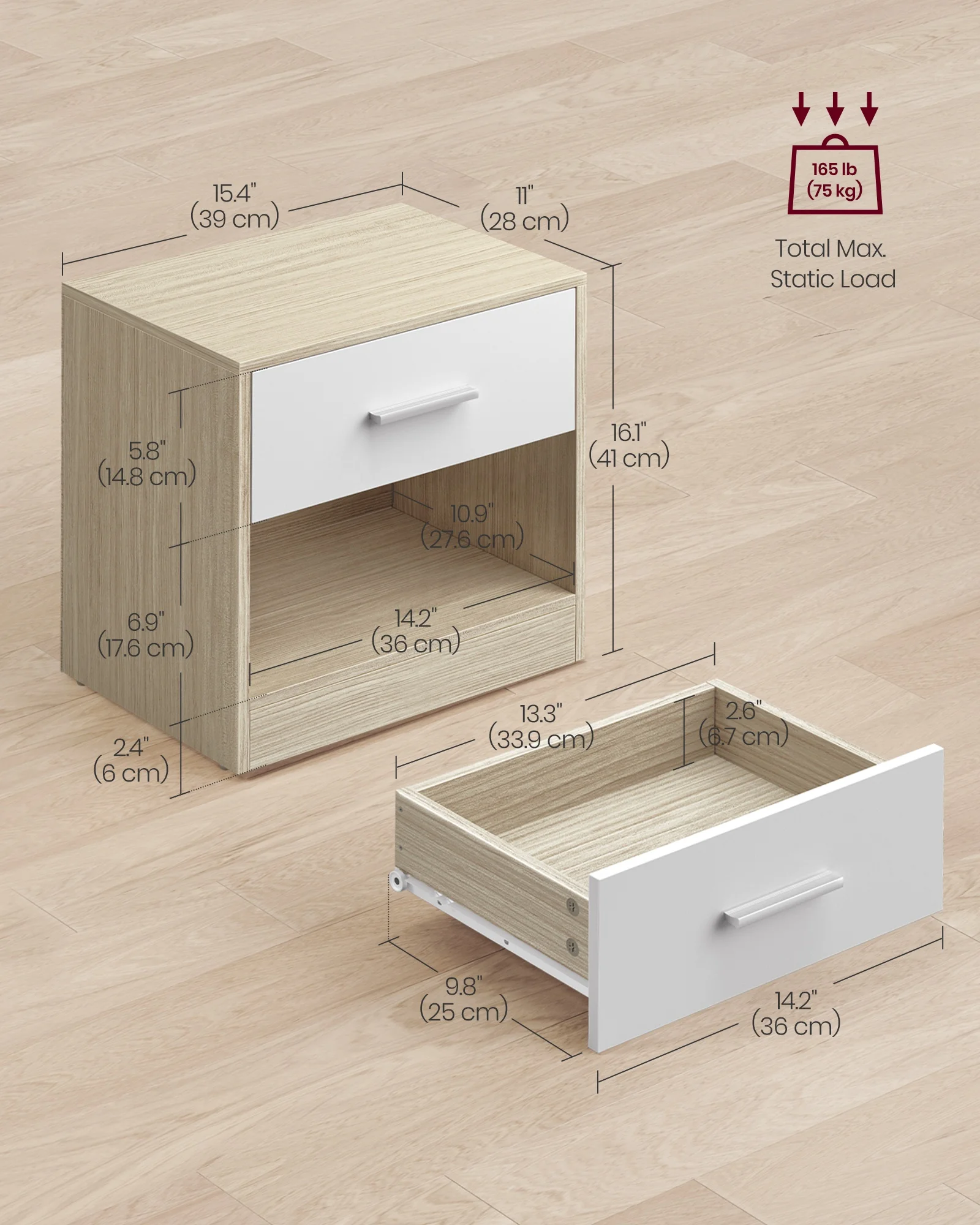 VASAGLE minimalist nightstand with drawers bedroom bedside table cabinet wooden nightstand