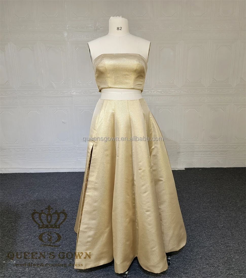 QUEENS GOWN Custom Made Strapless Two Pieces Party Dress Classic Golden Glitter A-line Slit Evening Dress