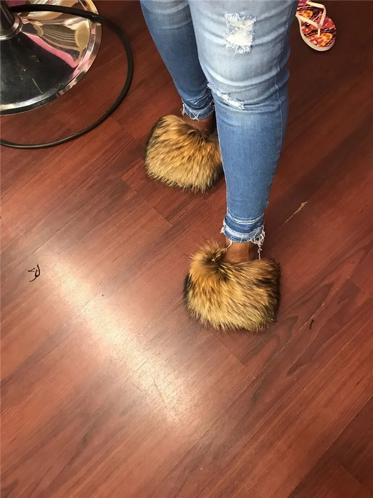 New Design Sexy Ladies Fluffy Real Raccoon Racoon Fur Shoes Sliders Sandal Slippers Slides With Big Furry Fluffy Hair