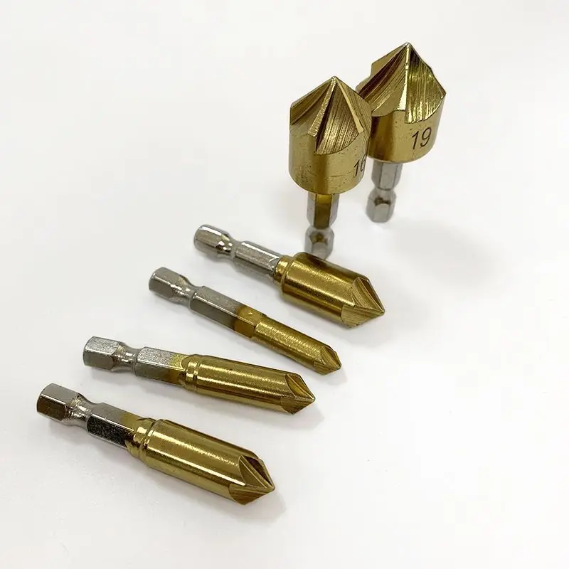 Portable 6 Pcs Hexagonal Handle Titanium Plated Five Edge Chamfering Knife Countersunk Drill 6-19mm Woodworking Spot Tool Set