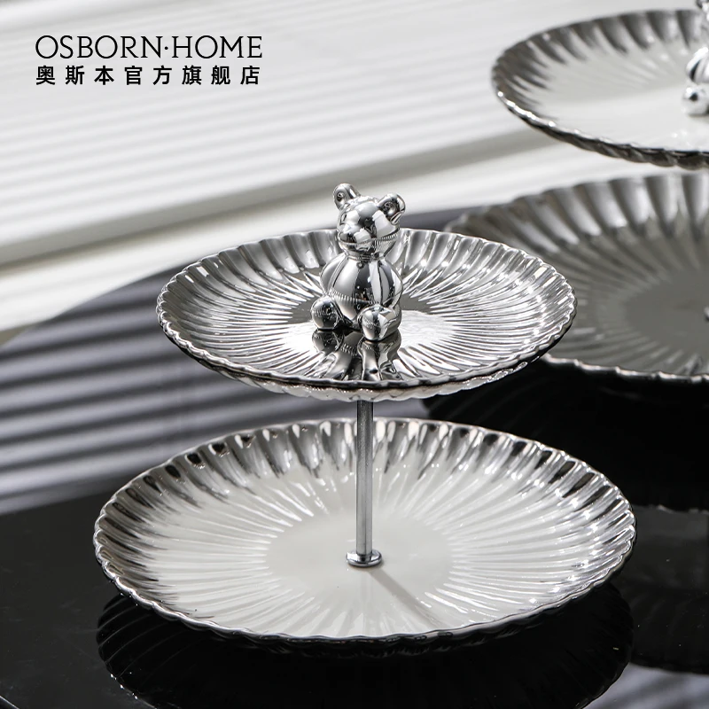 OSBORN Household Bear Ceramic Multi-layer Cake Fruit Dessert plate afternoon tea set with Metal Stand for Wedding Dessert Plate