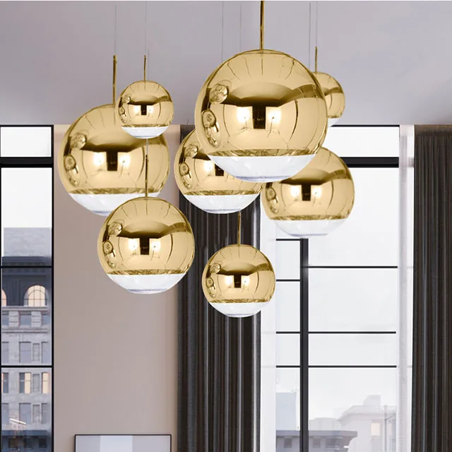 Modern Mirror Glass Ball Pendant Light Copper silver Gold Globe Loft Hanglamp Lamp Kitchen Light Adjustable Ceiling Chandelier