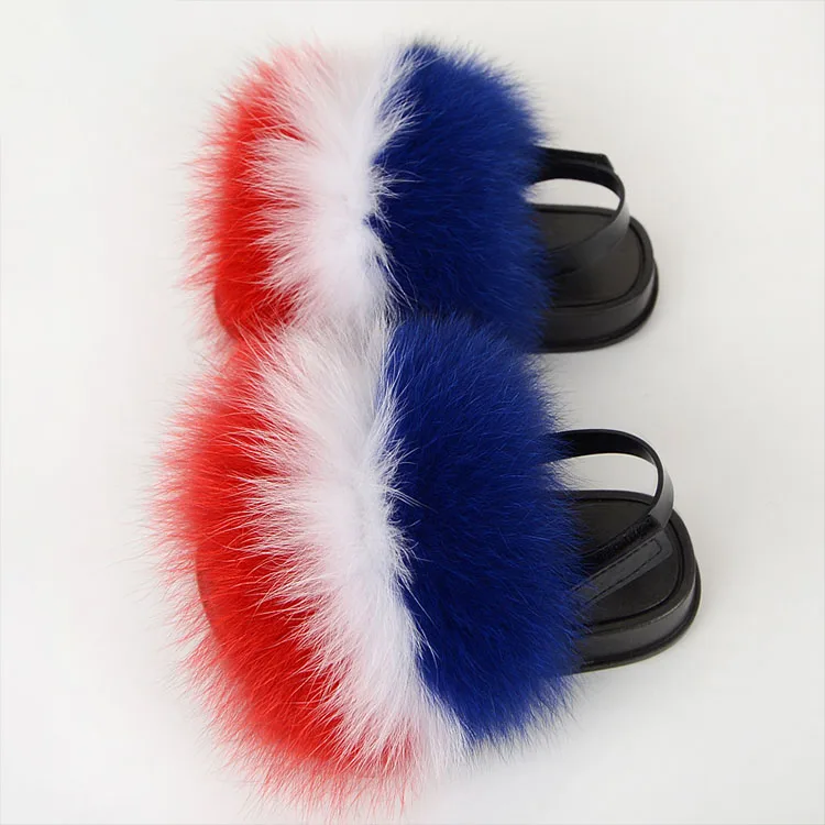 Summer Soft  toddler fox Fur Slides fur sliders with strap Children Fox Fur sandals/kid soft soles slippers