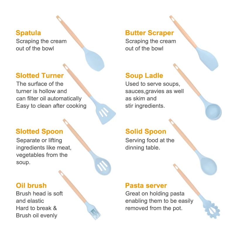 Hot-selling 12 pcs silicone kitchen utensils kitchen tools spoon with plastic handle