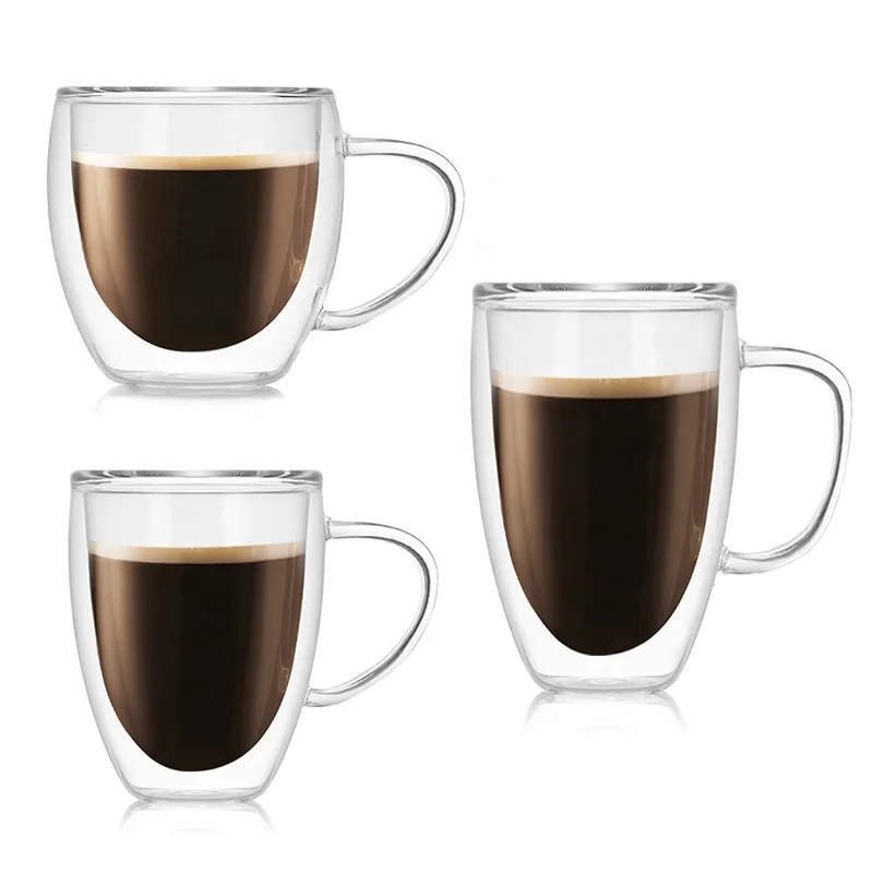 European Fashion Transparent High Borosilicate Double Wall Glass Coffee Cup With Handle Personalized Coffee Mugs