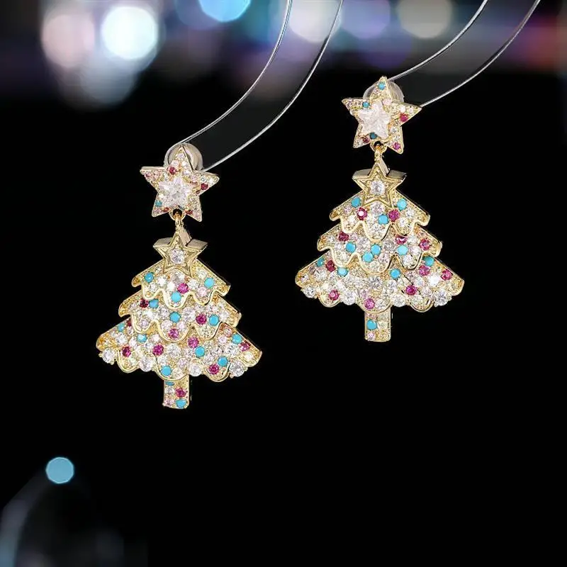 FM European and American style fashion temperament new earrings color zircon inset high-grade Christmas gift tree