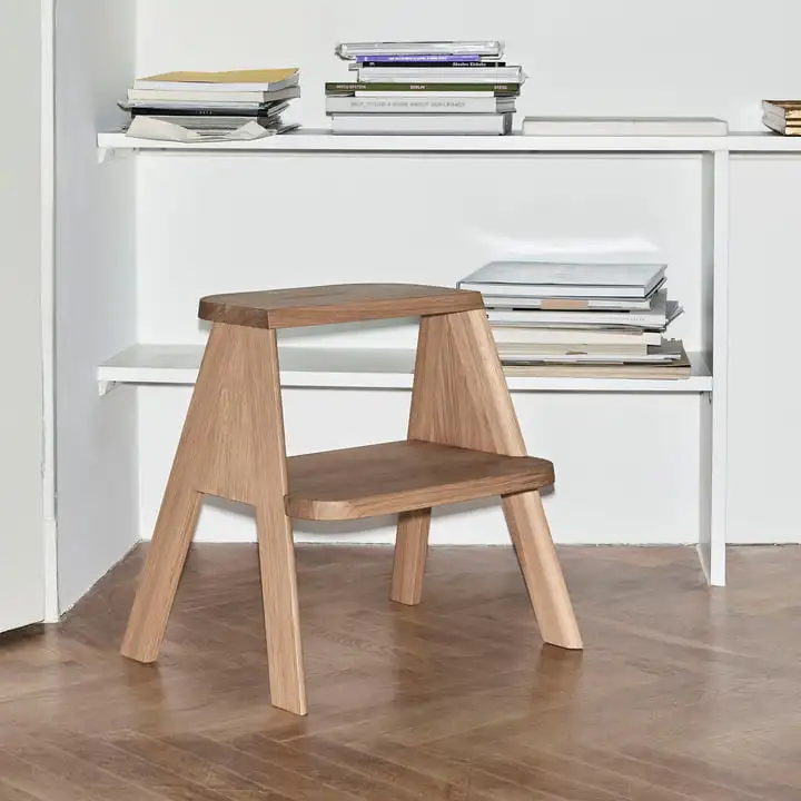 Oak wood color 2 steps ladder stool for adult kitchen stool chair