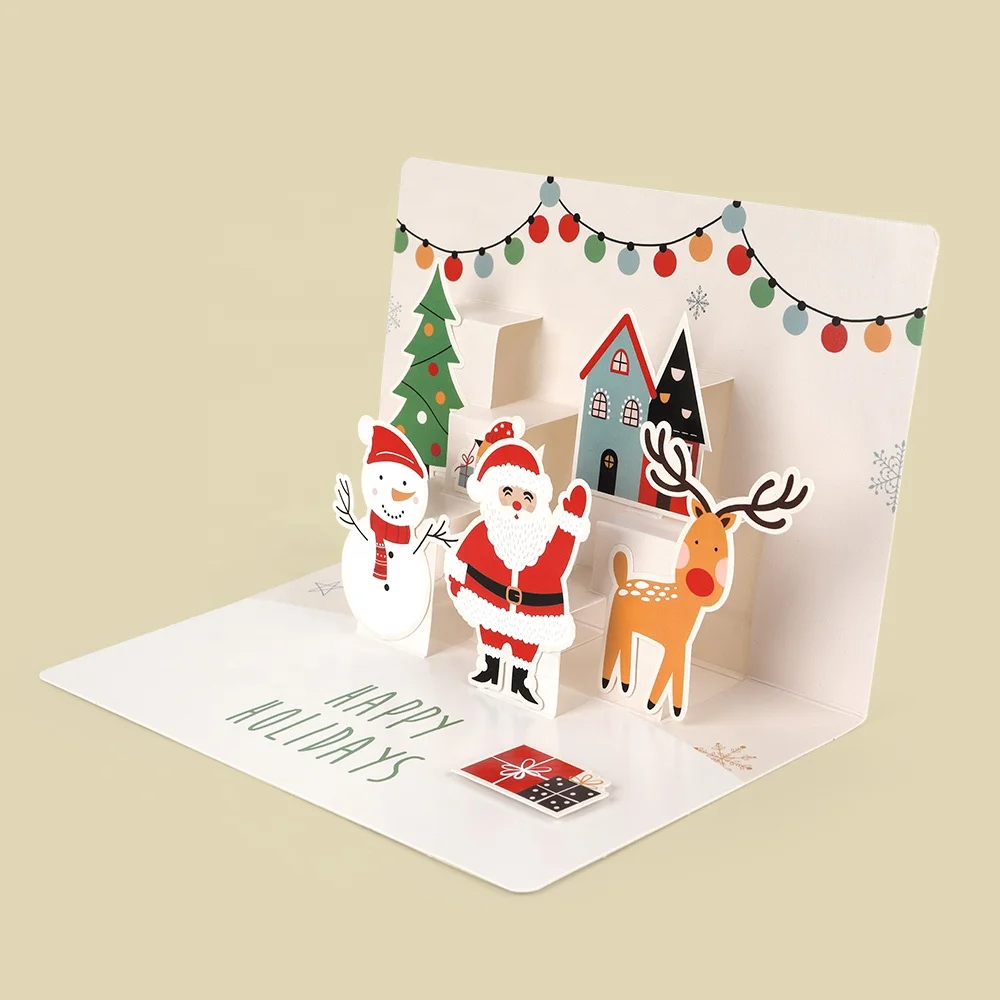 Santa Claus Pop-up Card Wholesale Custom Print Recycled Paper Luxury Handmade 3D Pop Up Holiday Merry Christmas Greeting Cards