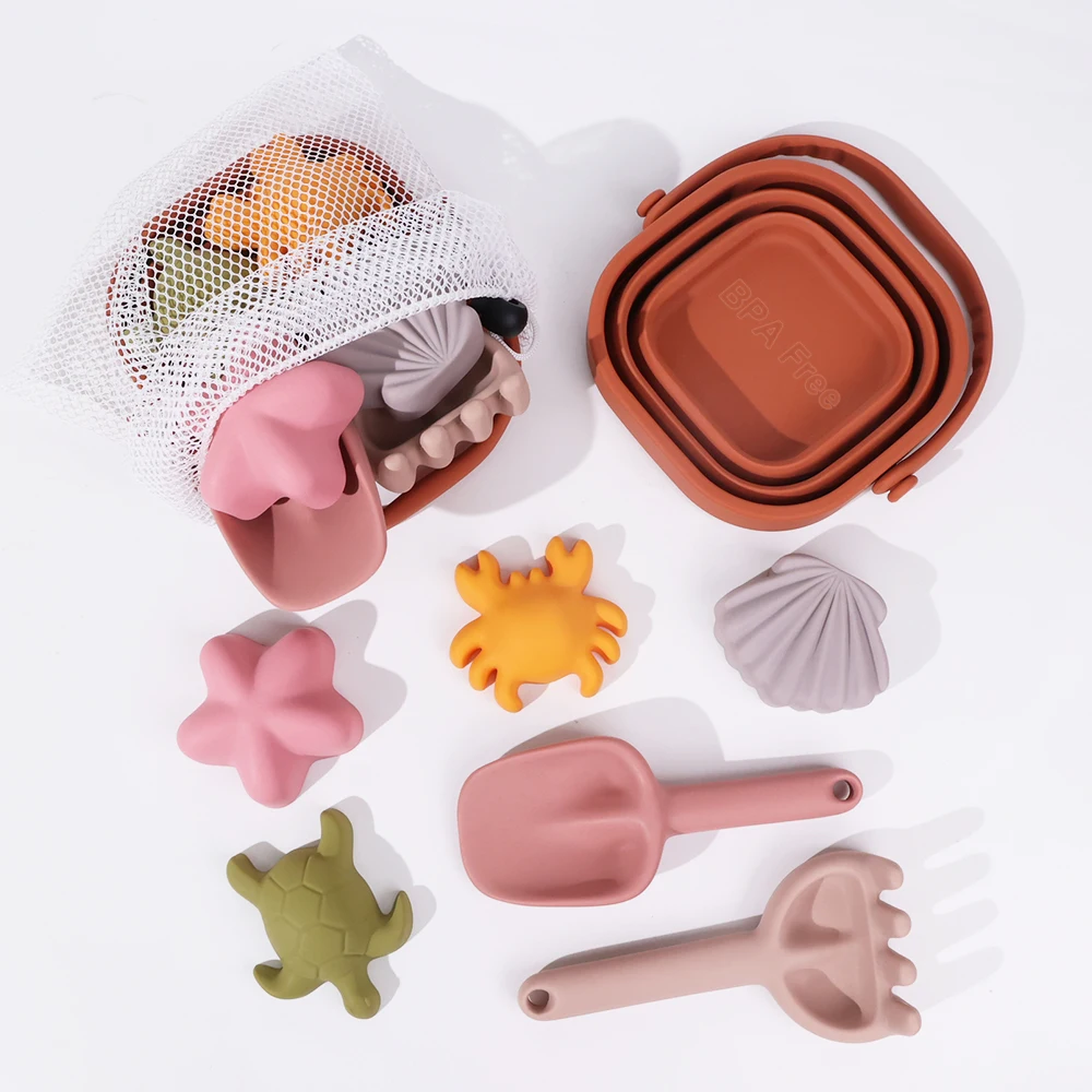 Оптовая продажа экологически чистые морские летние Силиконовые Складные ведра для пляжа песок детские игрушки крабы черепахи морская звезда пляжные набор