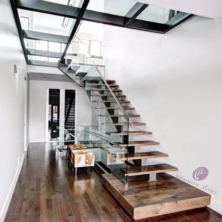 Contemporary Mono Stringer Staircase with Glass Railing for Loft Penthouse