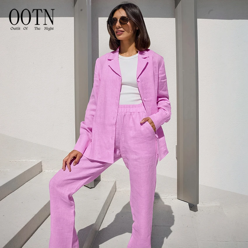 OOTN Ladies Pink Casual Set Lapel Long Sleeve Top and Loose Trousers Two Piece Office Women Elegant Commuter Two Piece Set