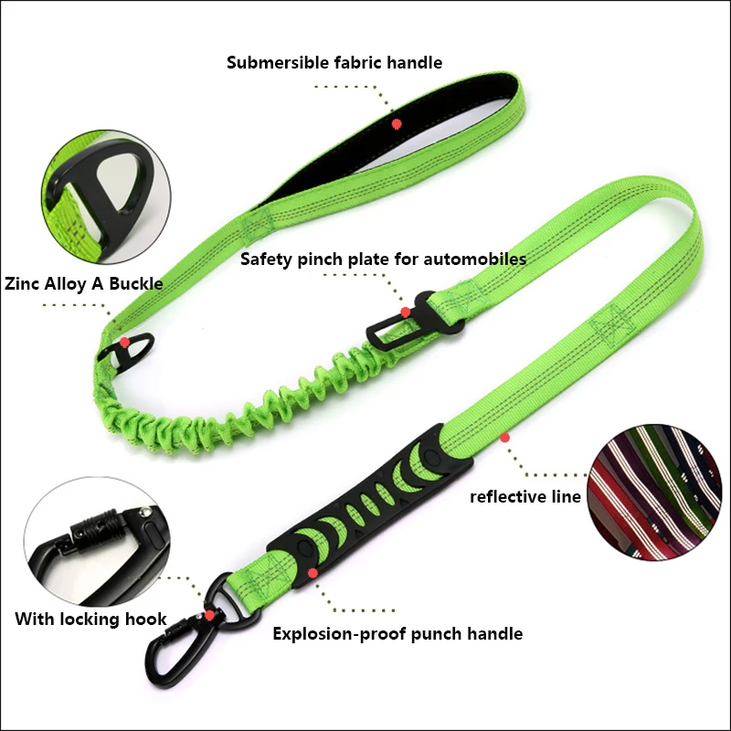 Heavy-Duty Reflective Dog Leashes with Car Seat Belt Shock Absorbing Retractable Strong Double Handle Dog Leash