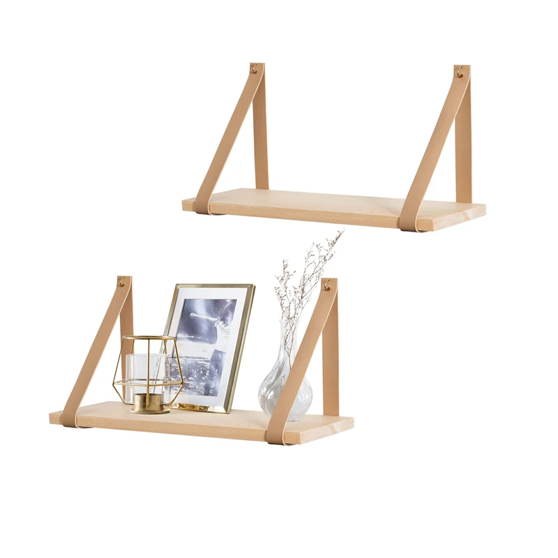 Leather Strap Swing Organizer Wall Wood Floating Storage Shelves