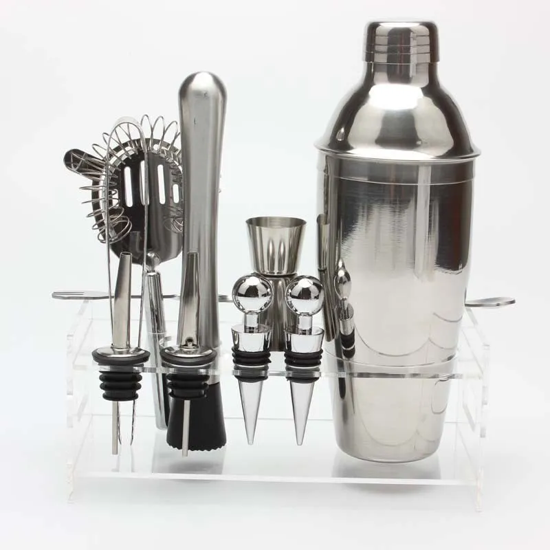  Factory Direct glass barware bartender stainless steel cocktail shaker bar tools set with acrylic frame