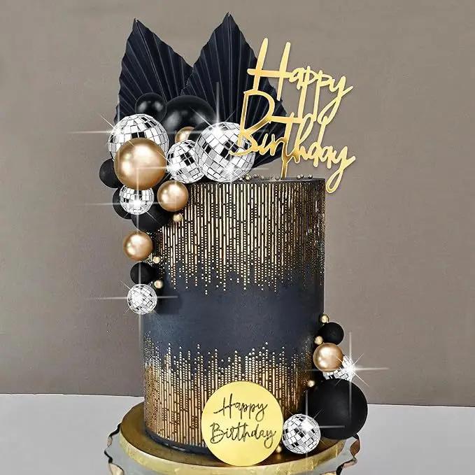 Acrylic Happy Birthday Cake Black Gold Blue Disco Decorated Spherical Cake for Baby Kids and Adults Party Supplies
