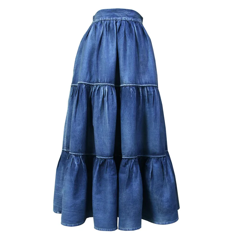 High quality brand style pleated oversize big long skirt jean denim plus size womens skirts
