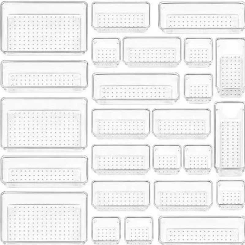 25 Pack Transparent Clear Acrylic Plastic Bin Storage Drawers Desk Drawer Organizers for Kitchen Bedroom Office Makeup Jewelries