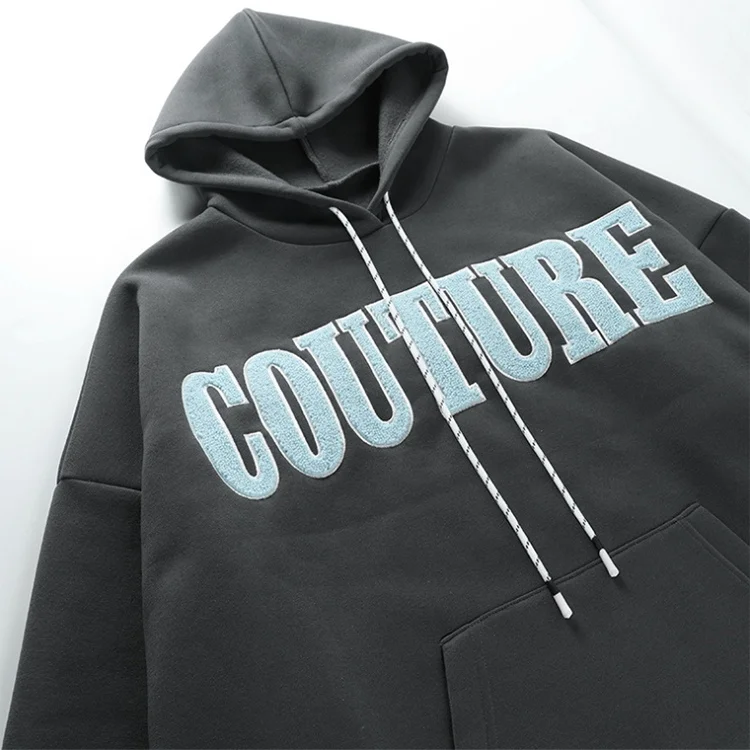 Wholesale Cotton Letters Printing Long Seleeve Gray Loose Drawstring Hoodie Elastic Cuffs Casual Sweatshirts Hoody With Pocket