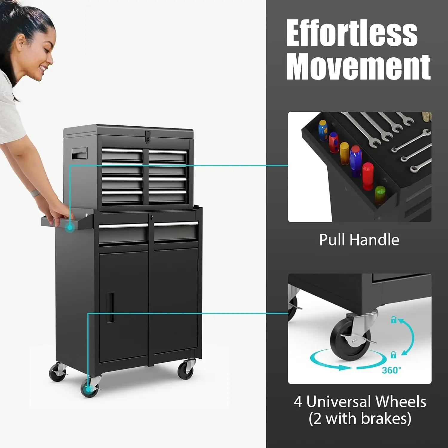 Black Garage Metal Toolbox Cabinet Trolley Professional Workshop Tools Box 8-Drawer Tool Cart with Wheels
