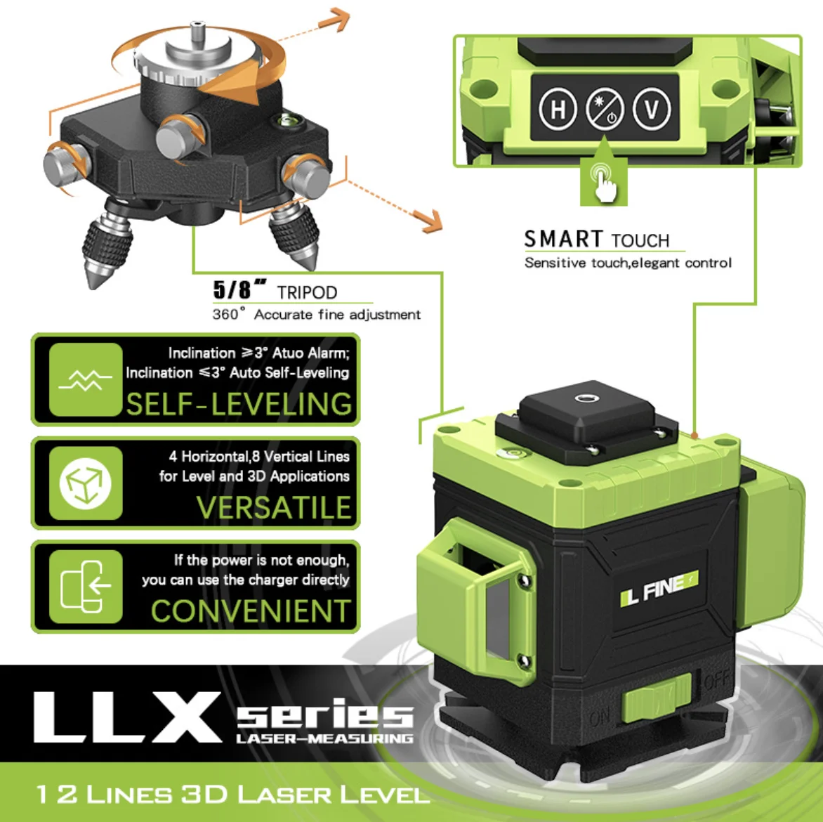 Factory Wholesale Industrial 4D 16-Line Green Laser Level Self-Leveling DIY Rotary Laser 50m Working Distance Battery Powered