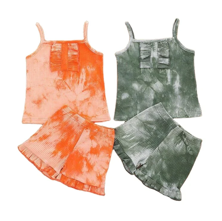 
Wholesale Kids Summer Clothing Cotton Rib Knit Fabric Suspenders Tie Dye T Shirt Two Piece Sets 