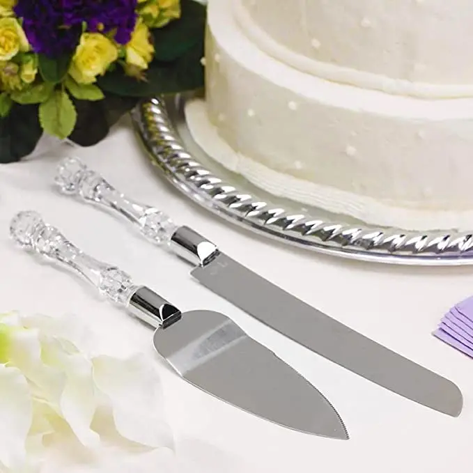 2 piece Gift pack stainless steel cake serving utensils crystal handle wedding knife server set for birthday and parties
