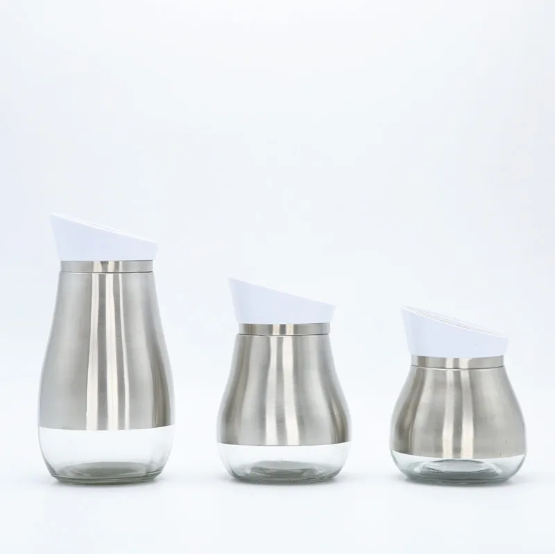 Hot Selling Silver Stainless Steel  Coating Food Glass Storage Jar  Oil Vinegar Bottle and Salt Pepper Shaker