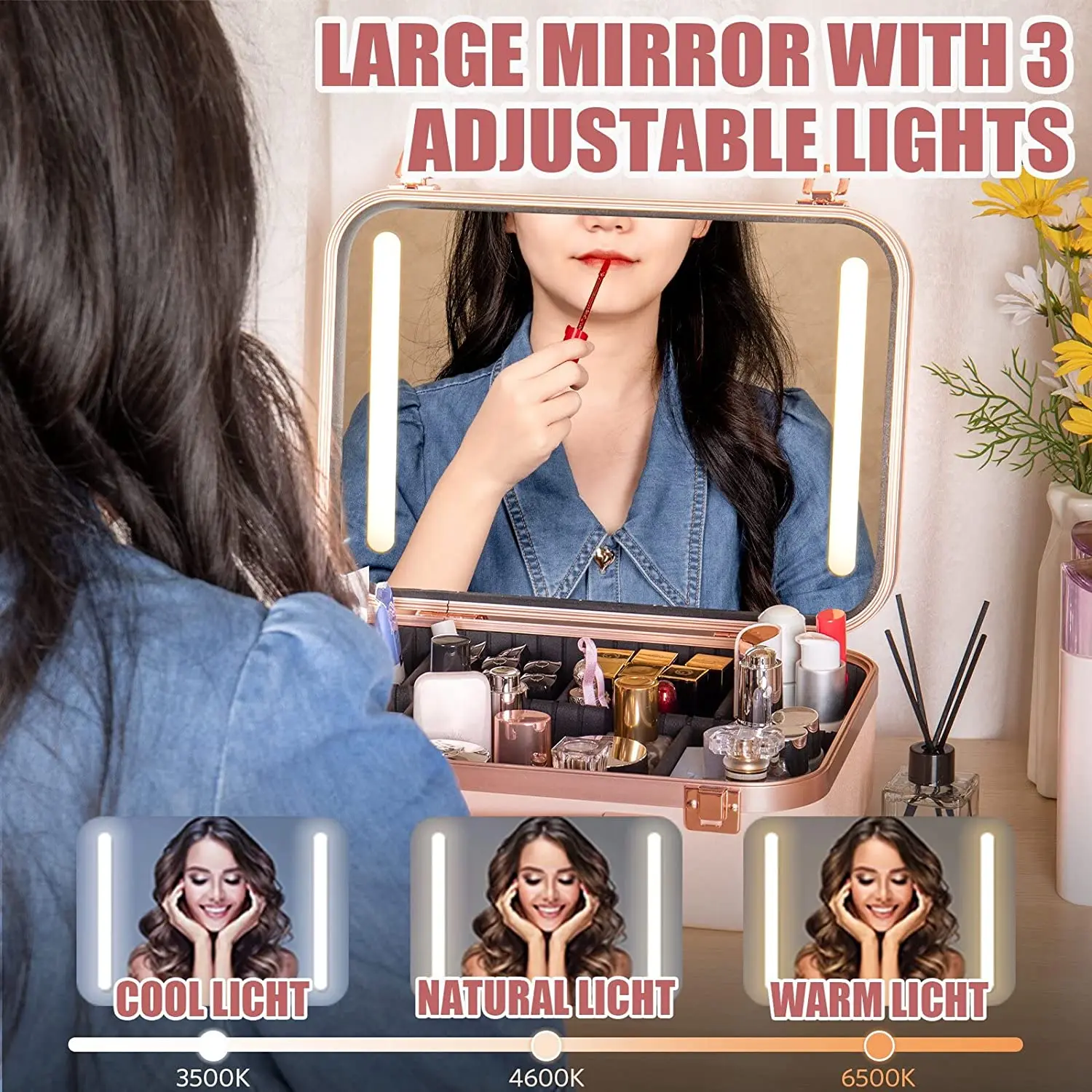 Makeup Travel Lighted Case with Large LED Light Mirror Coetic Bag Organizer Professional Adjustable Divider Storage