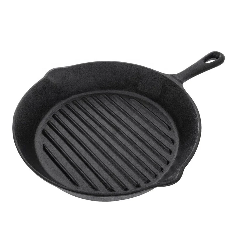 Pre-seasoned cast iron round cookware grill pan with ribs