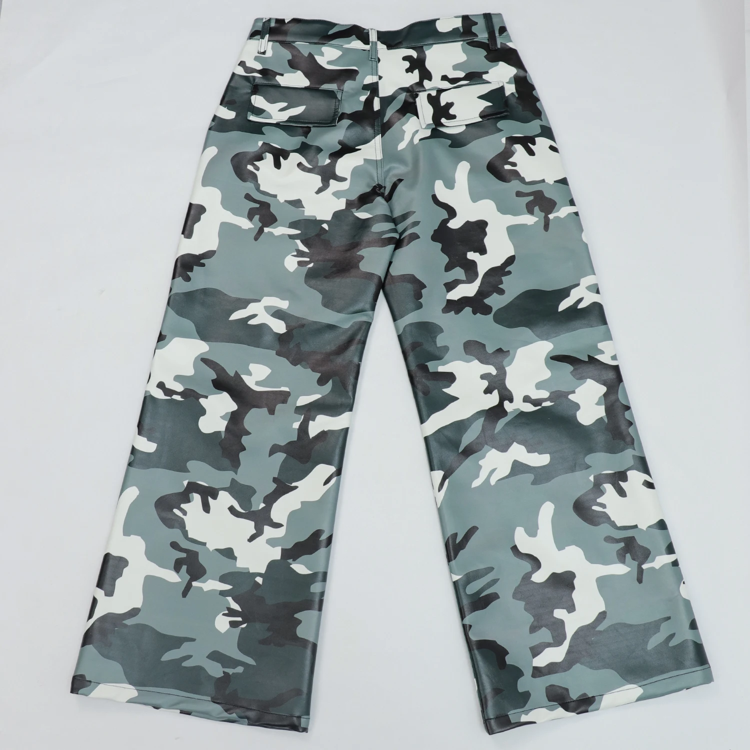 Custom Designer Street Camo PU Leather Pants Wide Leg Oversized Baggy Waterproof Camo Camouflage Pants for Men and Women