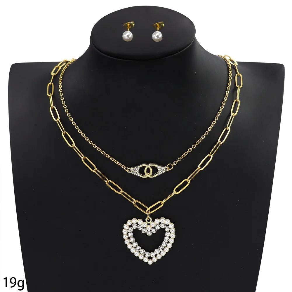 Stainless Steel Heart Star Pearl Pendant Earring Multi Layered  Necklace Jewelry Set