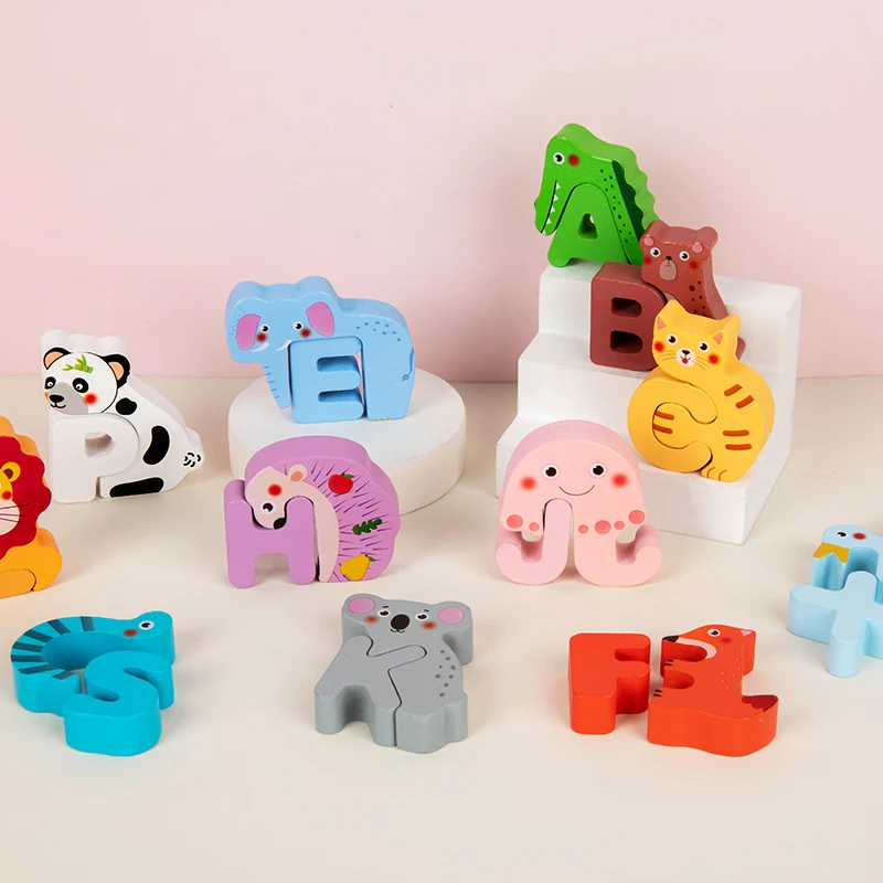 CPC EN71 Children English Learning Wooden Alphabet Puzzle Board Animal Shape Cognitive Kids Wooden Education Puzzle Toy