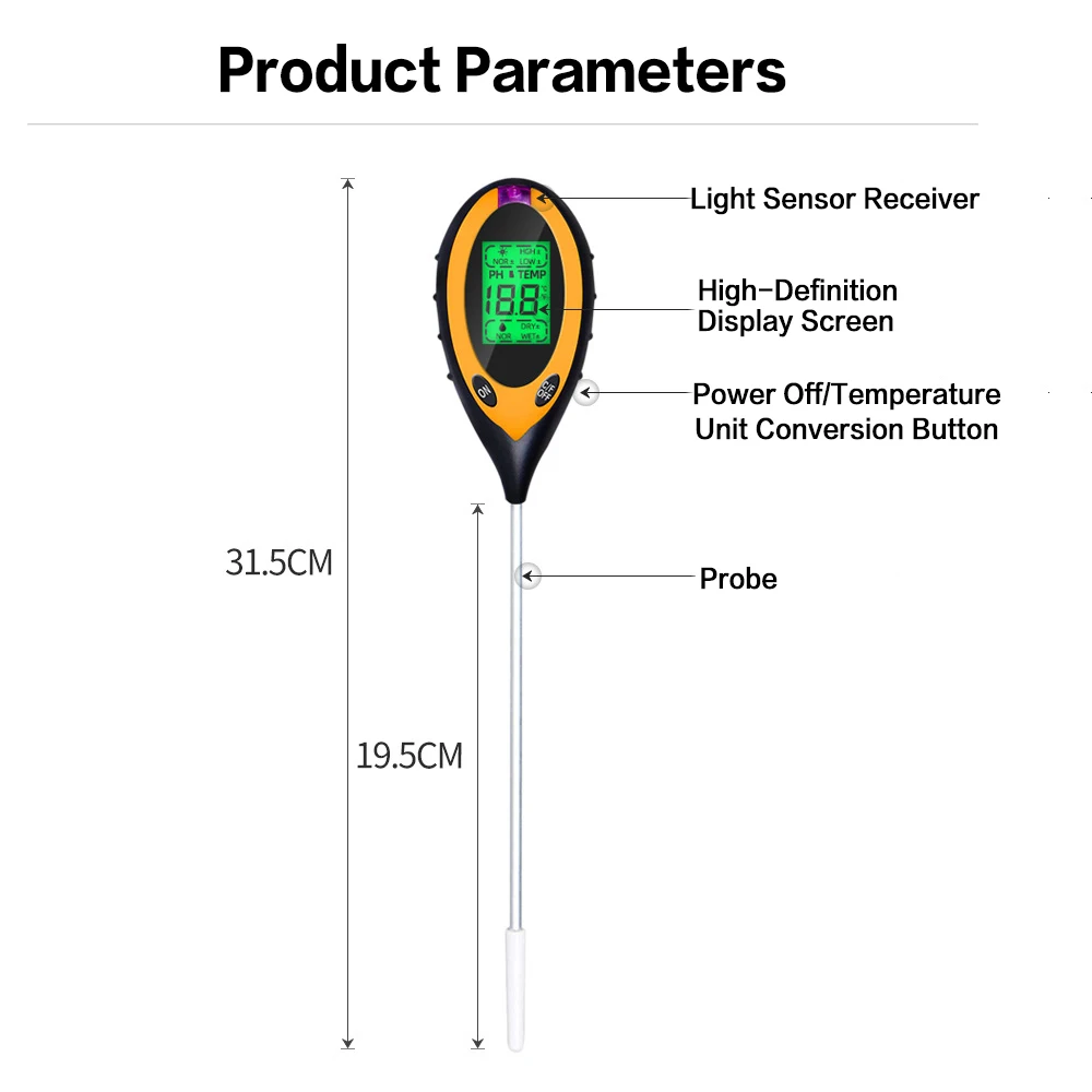 4-in-1 soil moisture meter digital plant temperature/moisture/ph/sunlight intensity backlight lcd display soil test meter