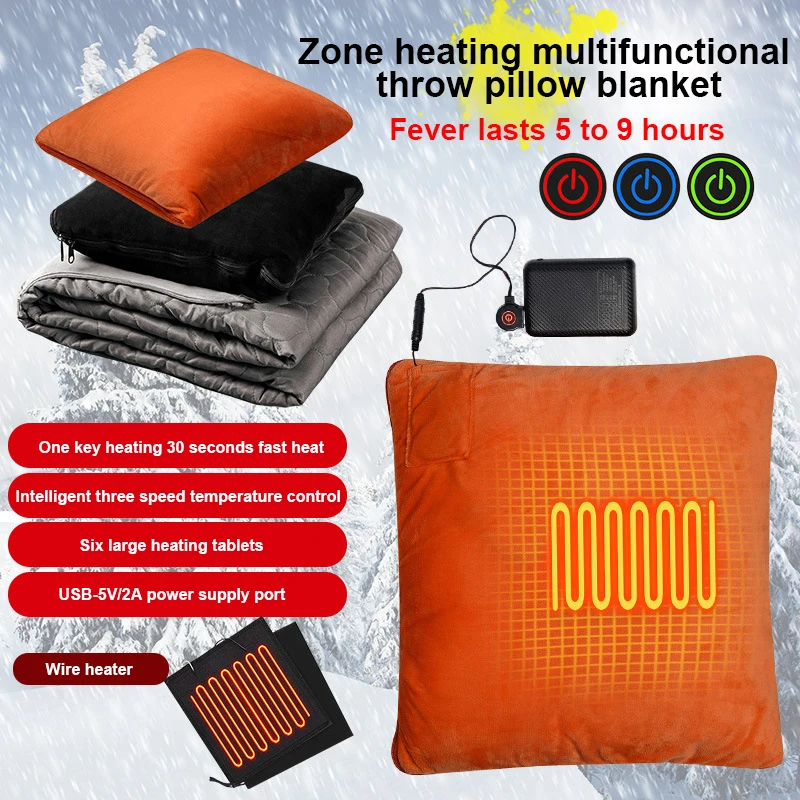 usb electric warm winter 2 in 1 foldable travel blanket and pillow set