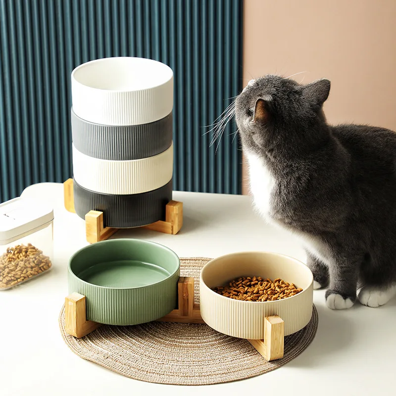 Hot Sale Striped Dog Food Water Slow Bowls Puppy Ceramic Cat Bowl Non-Slip Pet Feeder Bowls with Wood Stand