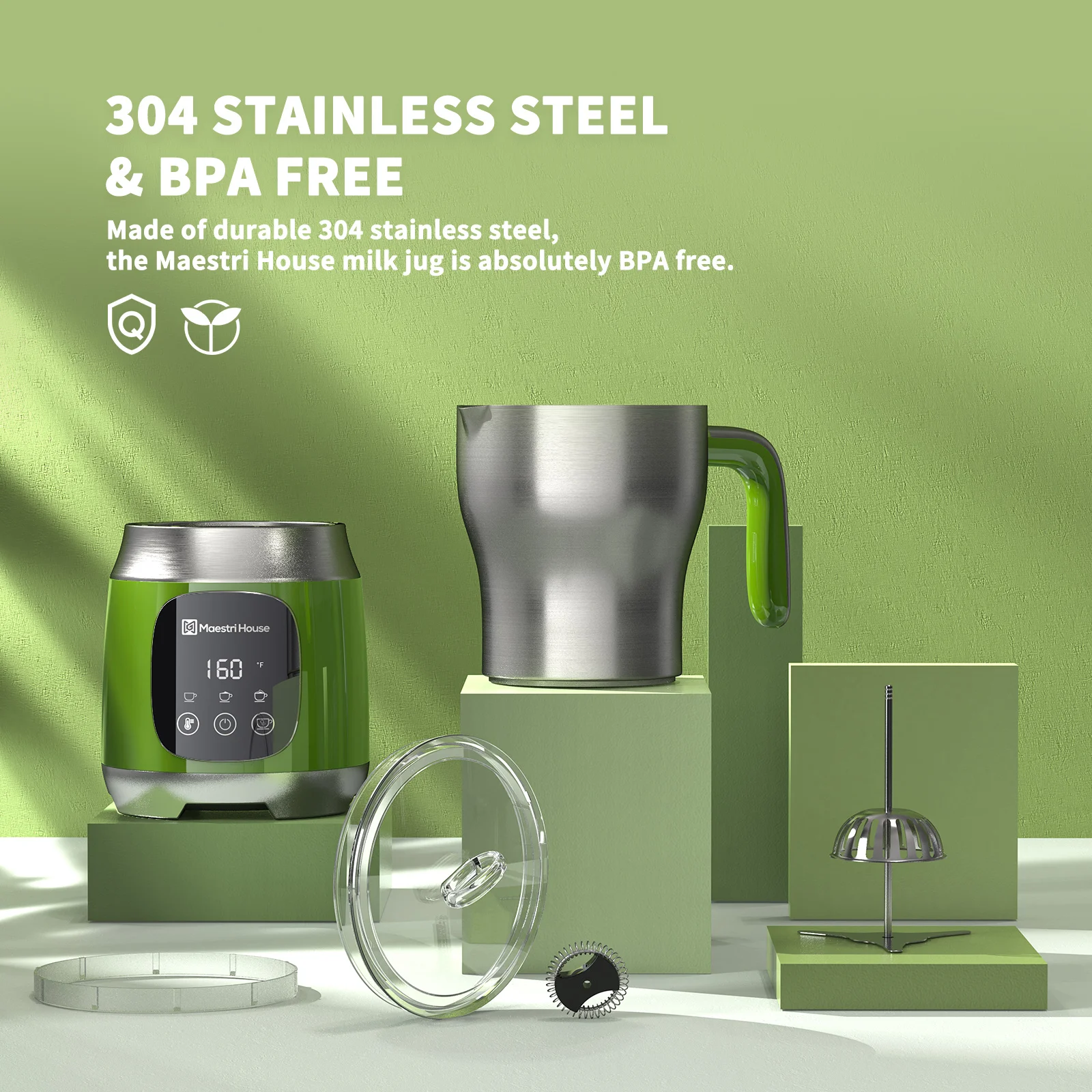 Maestri House MMF-9304 Foam Maker Hot Machine Coffee Kettle Electric Steamer Green Detachable Milk Frother for Aat Milk