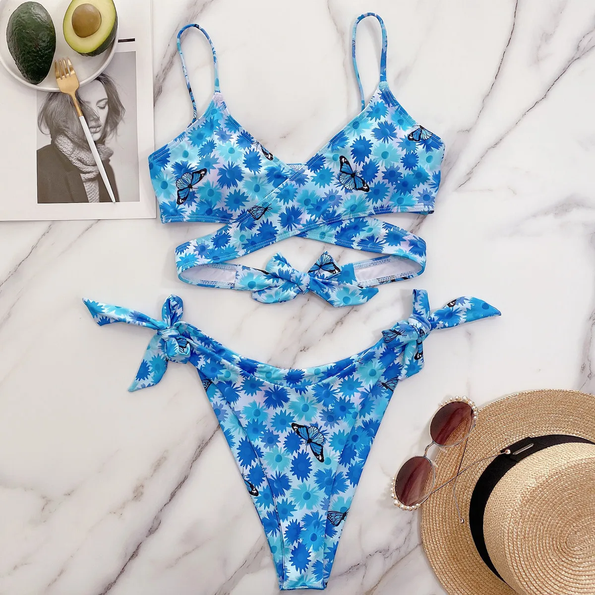 2022 Cross Sling Sleeveless Triangel Bikini 2 Pieces Deep V Backless Cheeky Blue Butterfly Women Floral Printed Swimwear