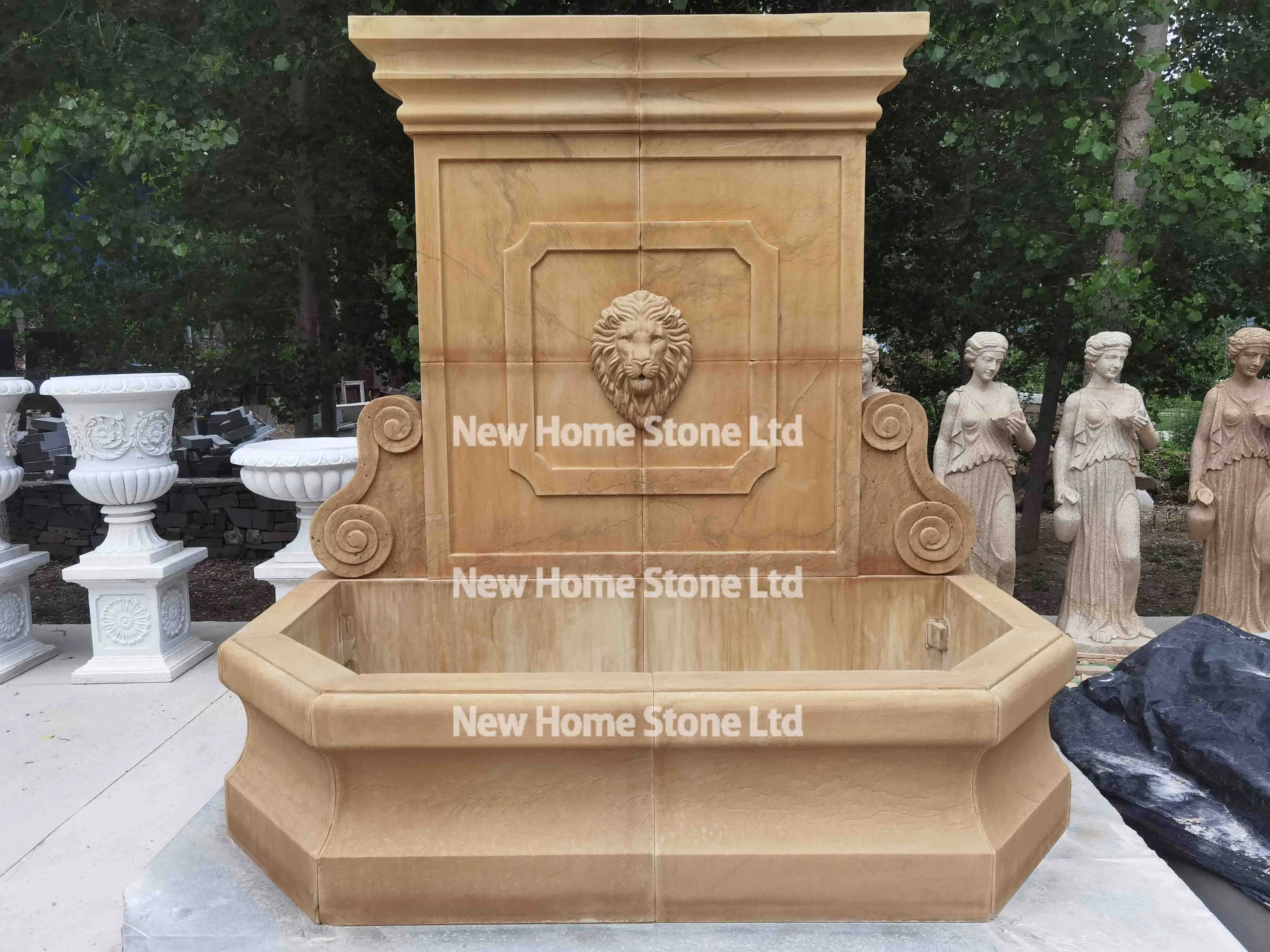 Antique beige stone wall fountain with lion head waterfall marble water limestone fountain for garden decor