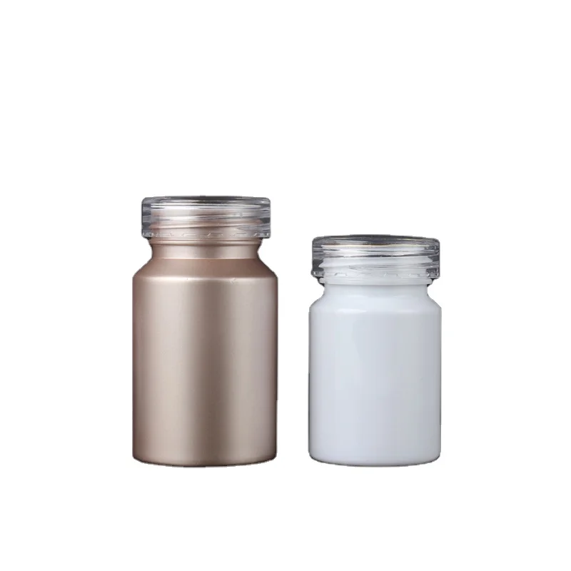 100ml matte gold PET pill bottle with transparent lid 80cc 100cc 300cc matte plastic capsule bottles
