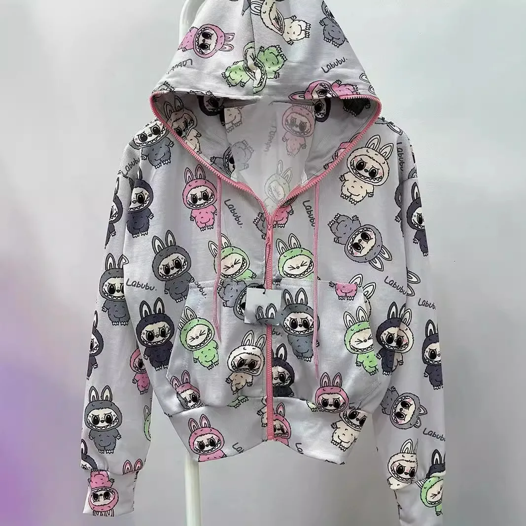 Aesthetic fashion Labubu graphic print cardigan zipper oversized hoodies women 2024 winter clothes versatile y2k sweatshirts