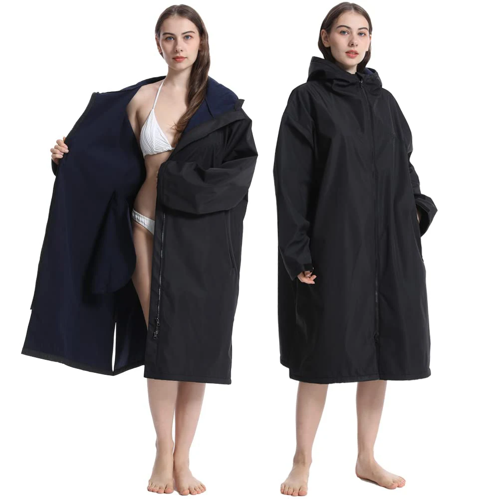 Customized Womens Waterproof Soft Warm Full Zip Beach Surf Swim Parka Changing Robe With Hood