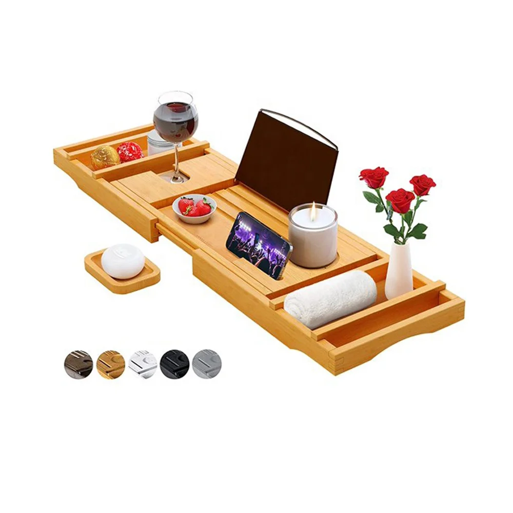 Luxury Eco-Friendly Bamboo Bathtub Caddy Tray Expandable Wooden Bath Tub Shelf Boxed Bathroom Accessory