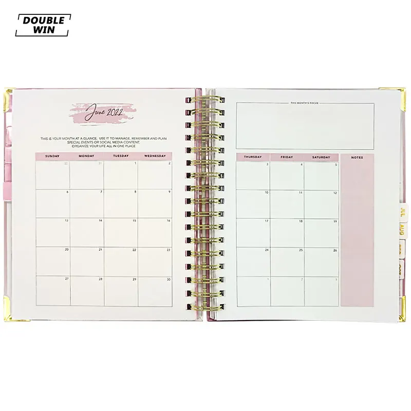 Custom Printing Metal Corner Spiral Weekly Day Manifesting Planner with Tab Pages