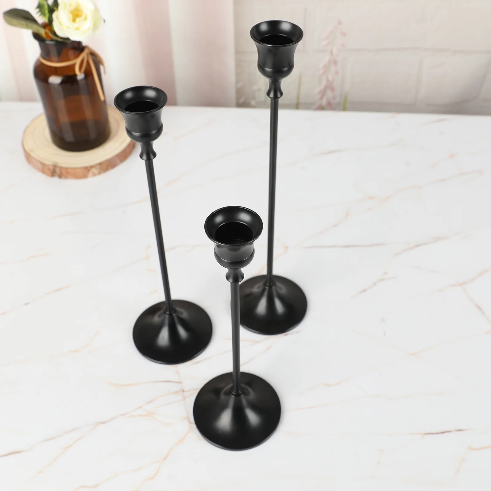 Romantic Candlestick Holder Matte Black Candle Holder Set of 3 Decorative Tulip Candle Holder for Taper Candle