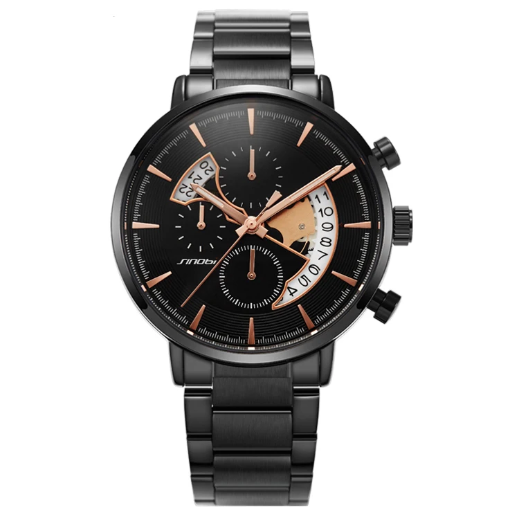  Sinobi Fashion Black Men Watch with Calendar Design Luxury Mens Wristwatch Chronograph Quartz Watches